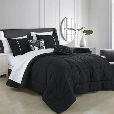 9 Piece Bed-in-a-Bag Black Modern Geometric Solid Soft Bedding Comforter Set