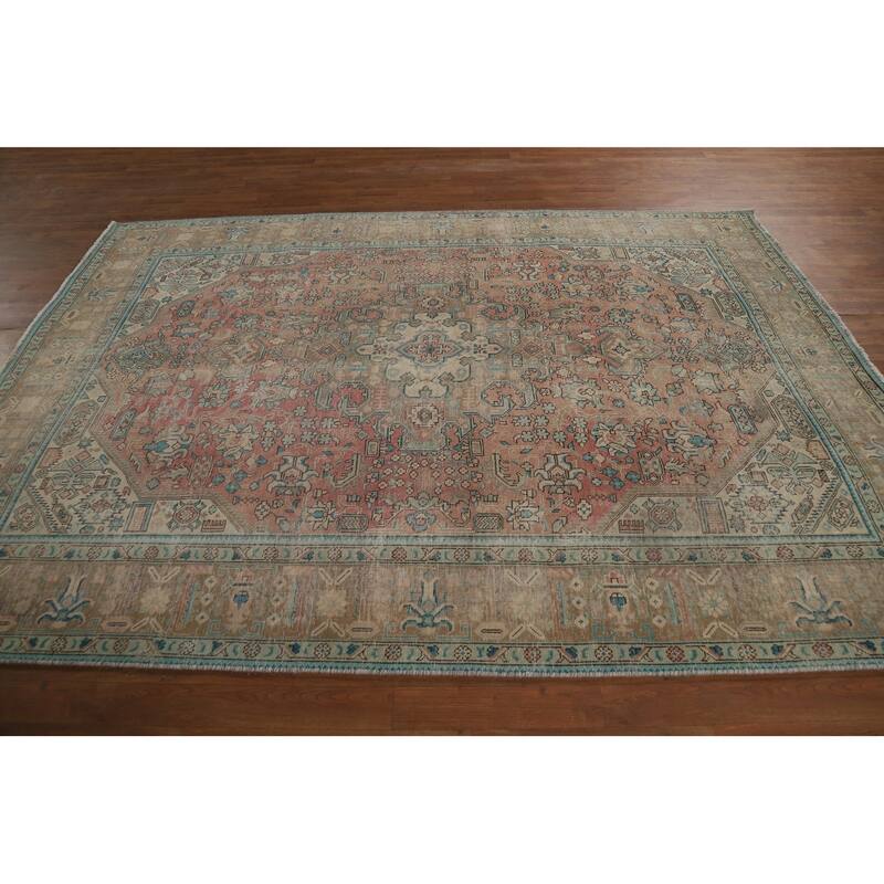 Pink Distressed Tabriz Persian Area Rug Hand-Knotted Wool Carpet - 6'8" x 9'0"