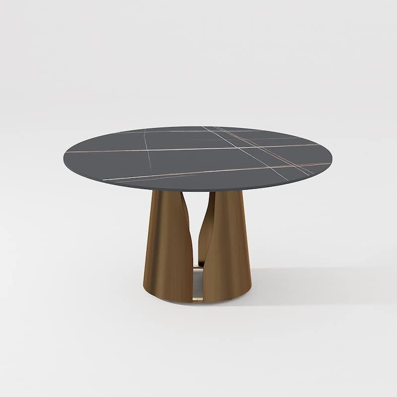 Modern Round White Dining Table，Sintered Stone Tabletop, Solid Black Carbon Steel Base
