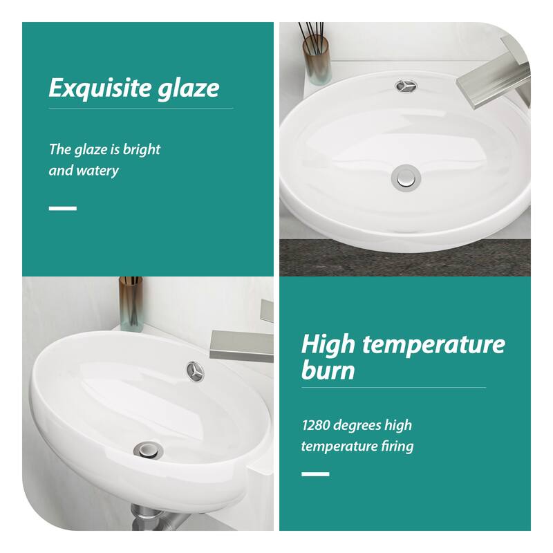 Modern 16-Inch White Ceramic Floating Bathroom Sink, Wall Mount with Single Faucet Hole