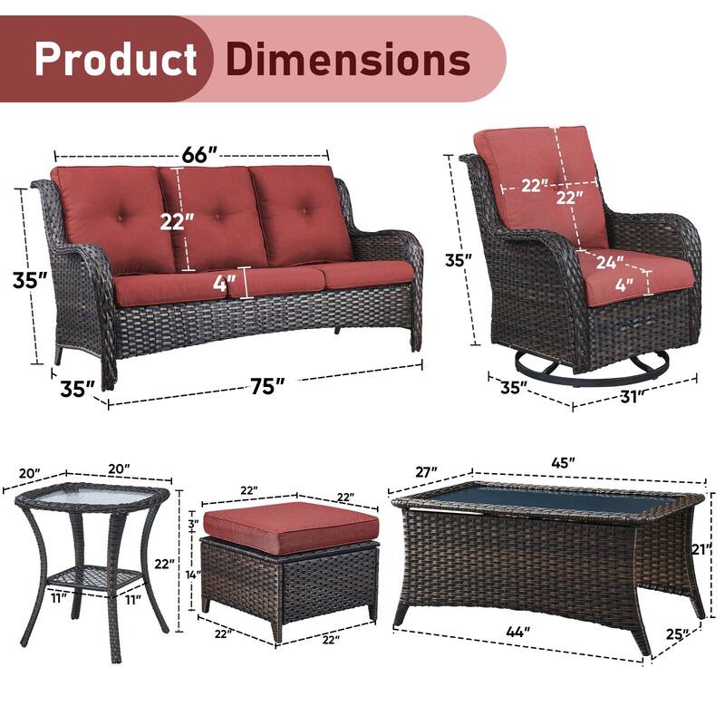 Pocassy Outdoor 7PCS 3-Seat Sofa Swivel Chairs Table Ottoman