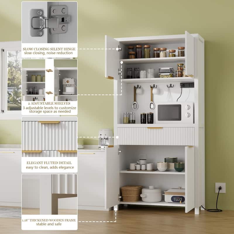 71"Pantry Storage Cabinet with Drawer, Charging Station and Open Countertop for Dining Living Room