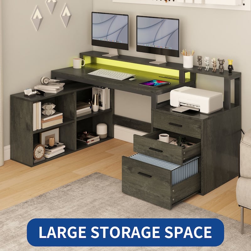 Moasis 65" Computer Desk with Filing Cabinet and Storage Shelves, LED Lighting Corner Home Office Desk
