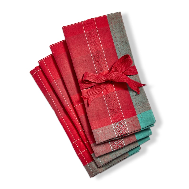 Joyous Plaid Cotton Napkins - Red Multi Kitchen Textiles for Christmas, Machine Washable, 20" x 20"