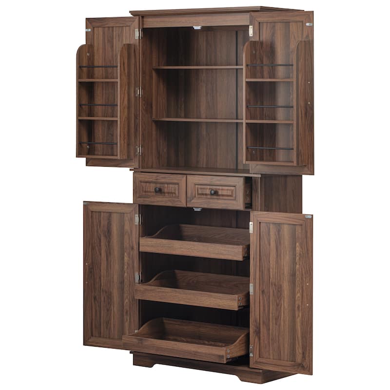 71" Tall Kitchen Pantry Cabinet with 3 Pull Out Cabinet Organizers, Farmhouse Embossed Texture Storage Cabinet
