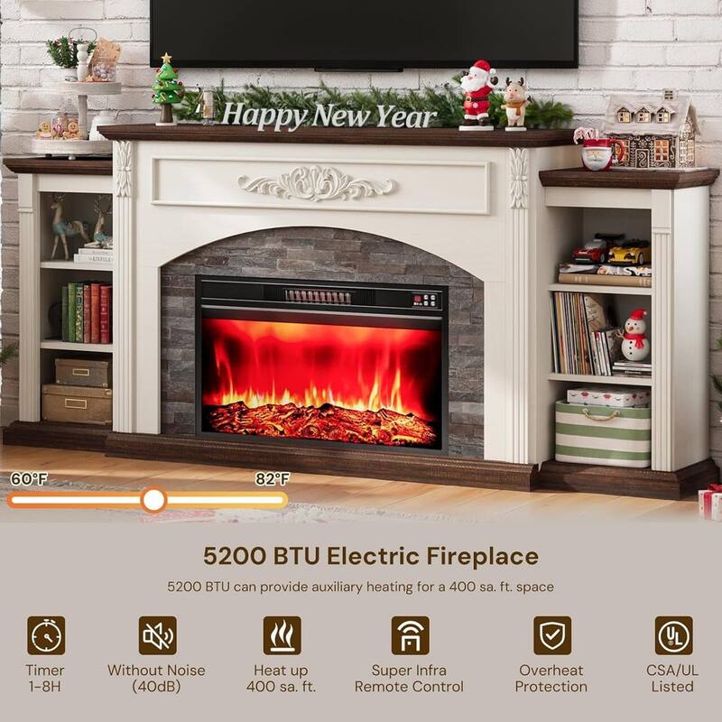 78 inch Electric Fireplace Mantel Fireplace TV Stand Entertainment Center with 30 inch Fireplace Insert Heater and Storage