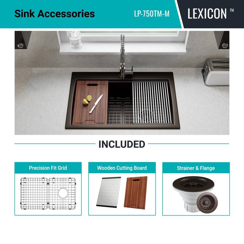 33 Inch Lexicon Platinum Quartz Composite Drop-in Undermount Single Bowl Workstation Galaxy Mocha Kitchen Sink LP-750TM-M