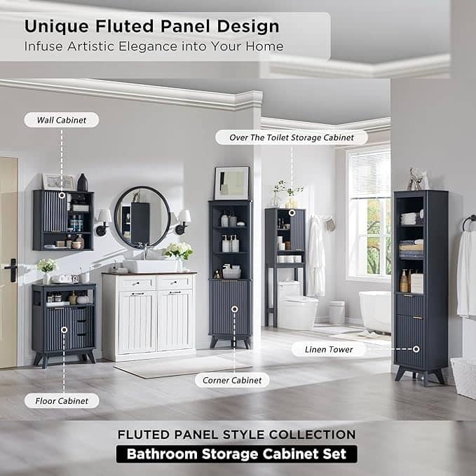 68" Tall Bathroom Narrow Storage Cabinet with Faux Marble Top