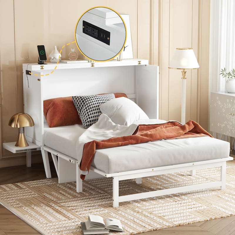 Full Size Murphy Bed with USB Port and Removable Shelves on Each Side, Solid Pine Murphy Cabinet Bed for Home Office