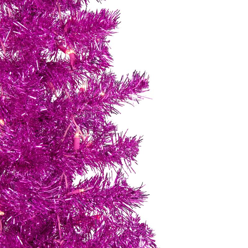 6' Pre-Lit Pink Artificial Tinsel Christmas Tree, Clear Lights - 6 Foot