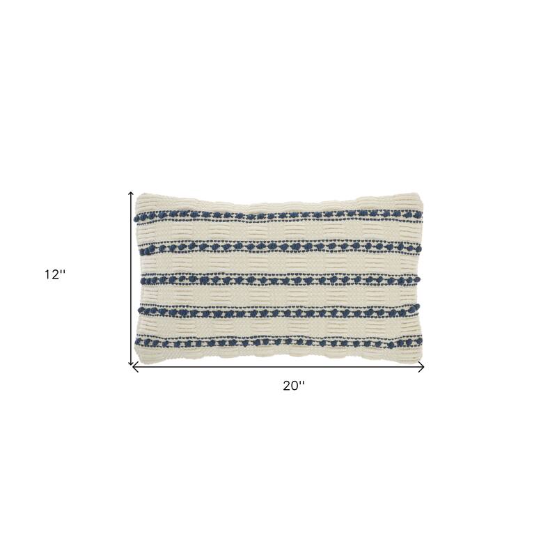 12" X 20" Ivory and Blue Striped Cotton Blend Throw Pillow With Texture