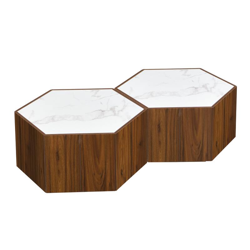 Hexagonal Rustic Retro Wood Coffee Table, with 2 Hidden Drawers, Textured White Marble Tops,Walunt Oak Finish - Perfect