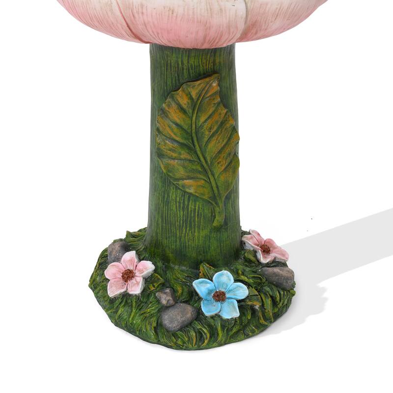 Solar Powered Pink Flower 2-Tier Resin Birdbath Fountain with Lights