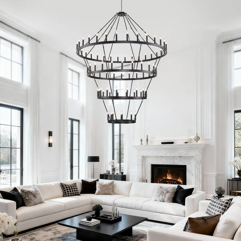 70.87INCH Tiers Wagon Wheel Chandelier Farmhouse 60-Light, Gold Color Metal 4-Story Light Fixtures Adjustable Height E12