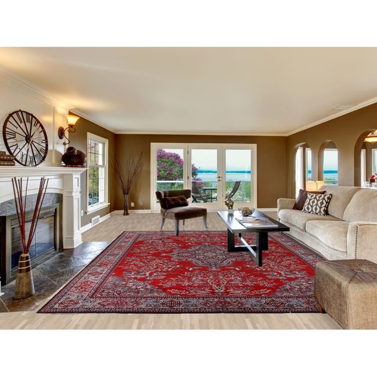 Machine Made Oriental Polyester Carpet Traditional Floral Red Kashan Area Rug - 12' 7'' X 9' 8''