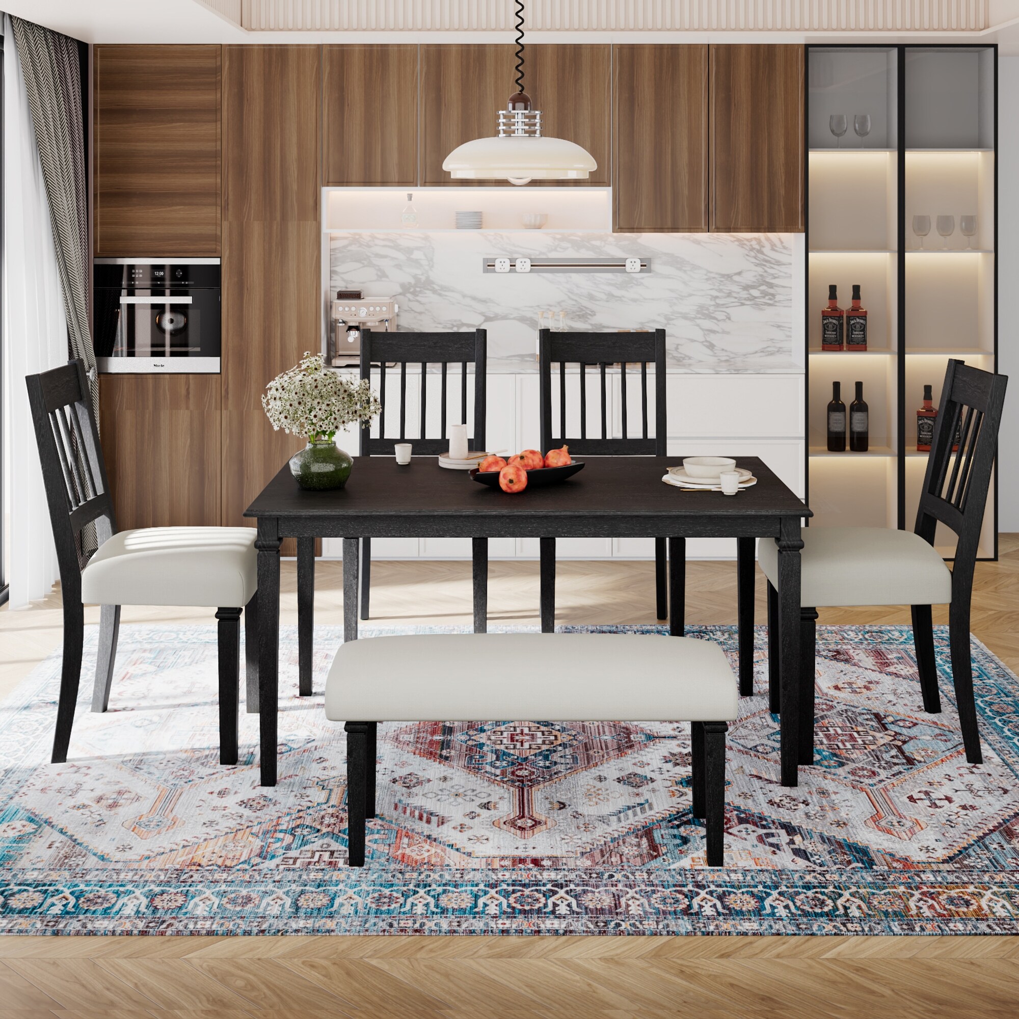 6 -Piece Dining Room Set, Wooden Rectangular Dining Table with 4