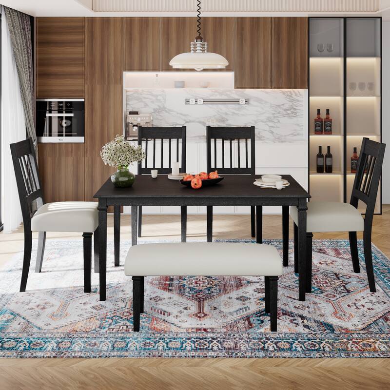 6-Piece Retro Dining Room Set, Classic Kitchen Furniture Set,Wooden Rectangular Table And 4 Chairs With Bench