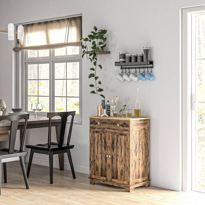 Modern Storage Cabinet with Solid Wood Countertop, 2 Drawers and Adjustable Shelf