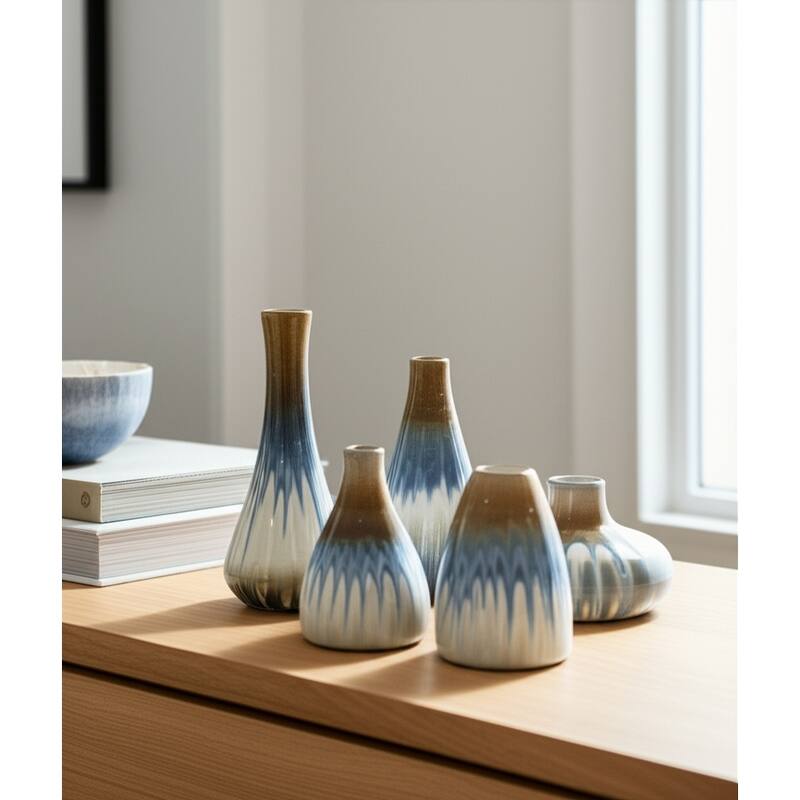 Stoneware Decorative Vases with Silhouettes Curved Forms (Set of 5) - Ivory/ Brown