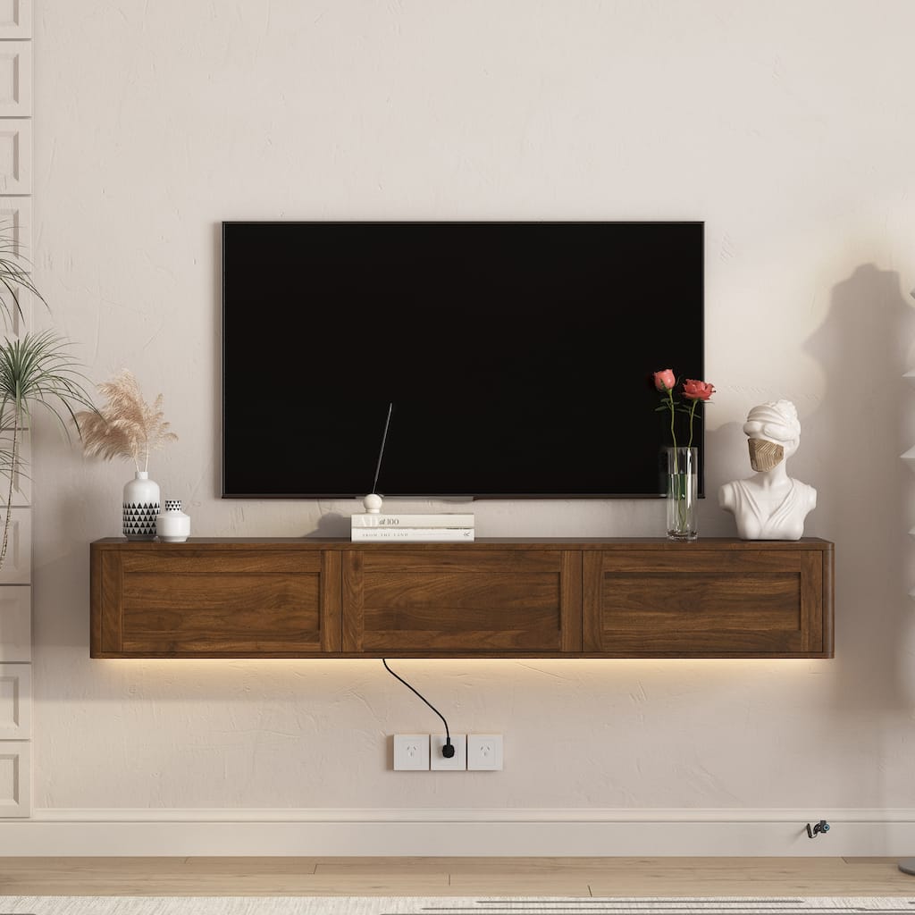 Floating TV Stand,Wall Mounted TV Shelf with Led Lights & Power Outlet,High Gloss TV Cabinet for Wood tv Stands for Living Room