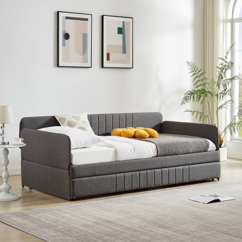 Grey Metal Daybed with Trundle, Twin Size, Space-Saving Design