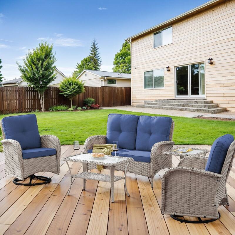 Outdoor Swivel Chairs Table with Loveseat Sofa-Light Grey - Light Grey - Light Grey - Blue