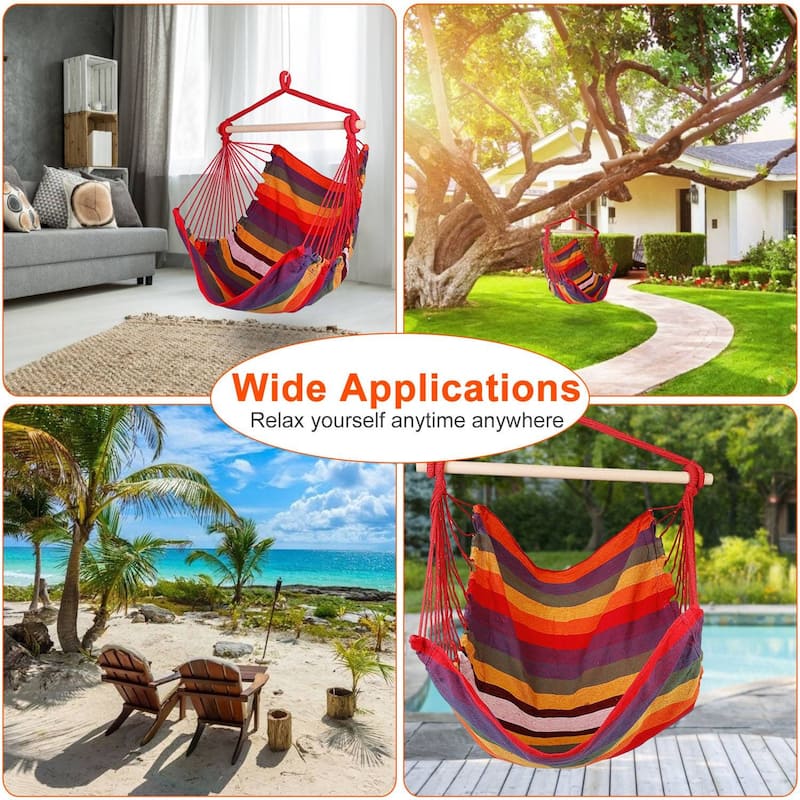 Cotton Canvas Swing Seat Hanging Hammock Chair with Pillows and Wooden Bar for Indoor or Outdoor - 39” x 51”