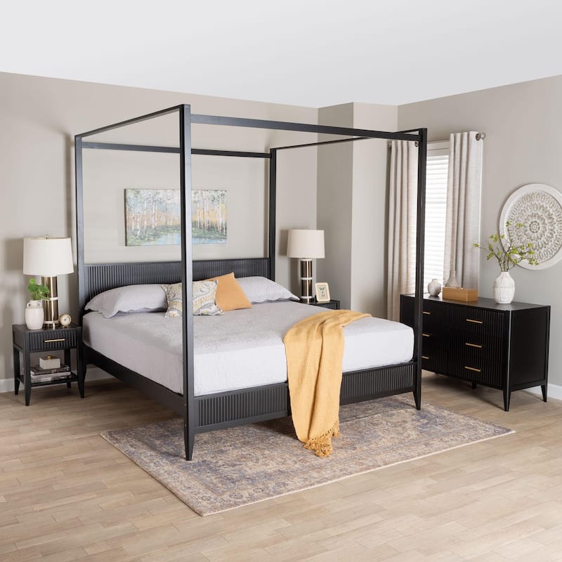 Primrose Mid-Century Fluted Wood 4-Piece Canopy Bedroom Set