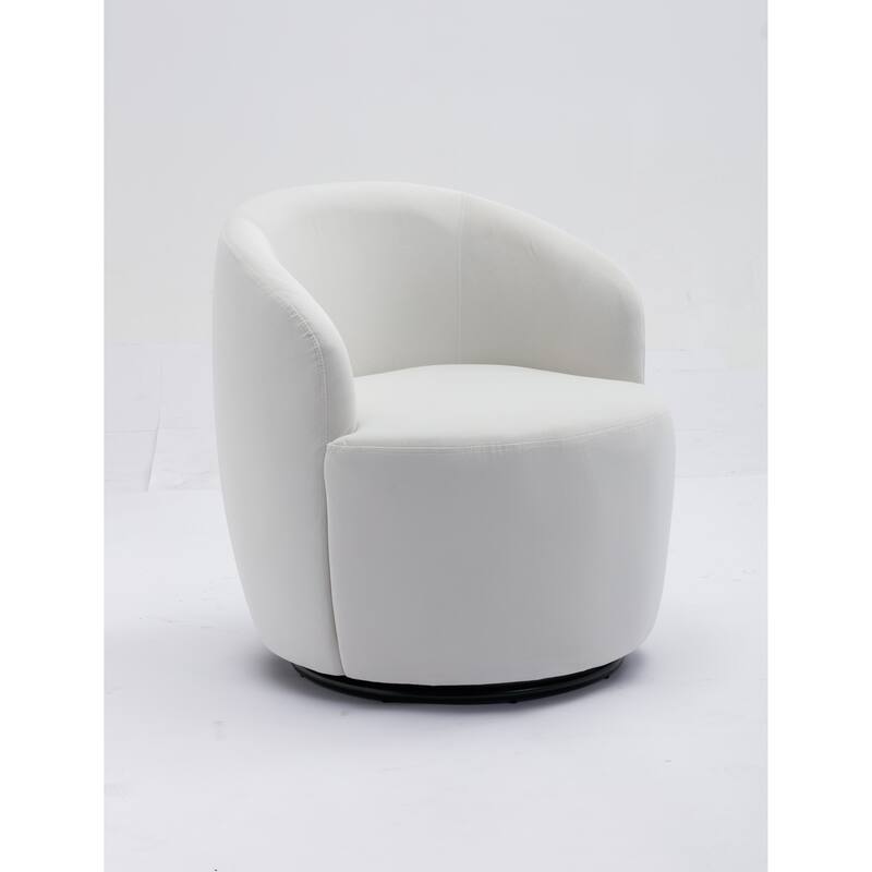White Velvet Modern 25.6" Upholstered Swivel Barrel Chair with Black Powder Coating and Metal Ring
