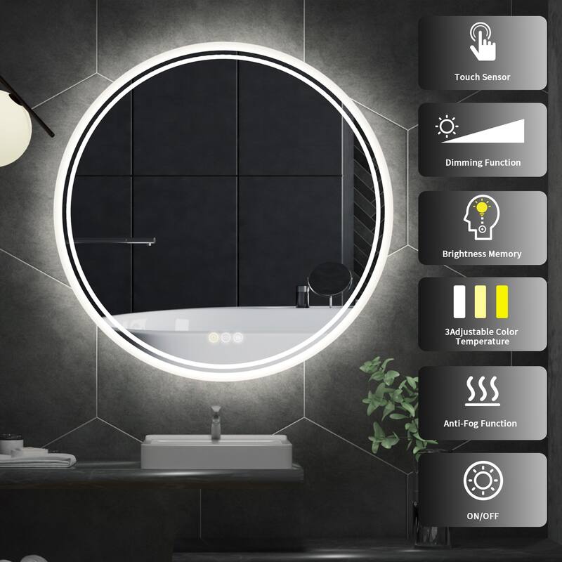 Smart LED Backlit Bathroom Large Round Mirror Anti-Fog 3 Colors Touch