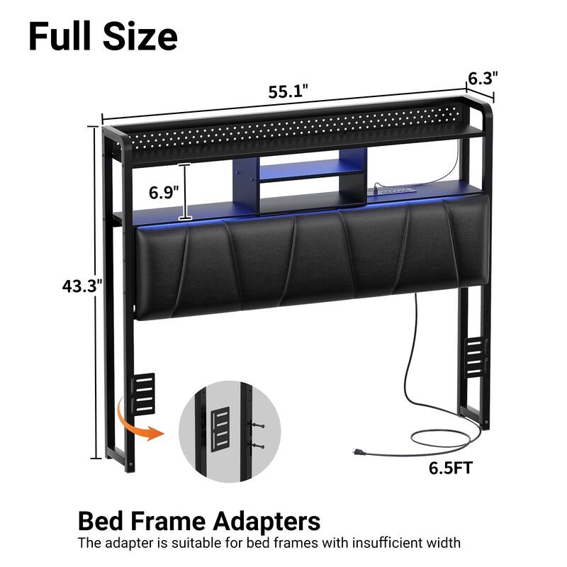 Upholstered Headboard with Pegboard and Charging Station, Storage Headboard Shelves and LED Light