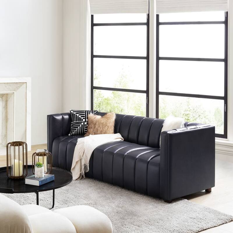 Olinto Modern 83-Inch Genuine Leather Curved Couch Sofa with Channel Back by HULALA HOME