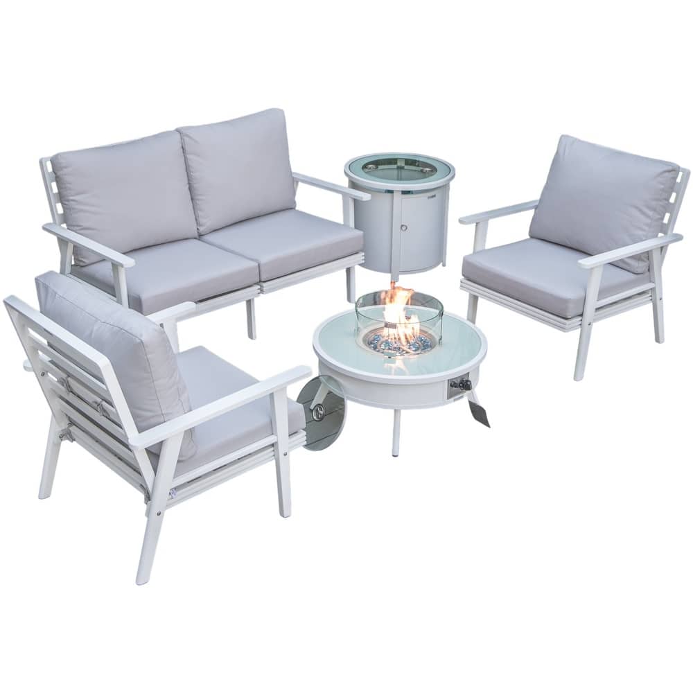 Walbrooke Modern 5-Piece Outdoor Aluminum Conversation Set of 3 Polyester Chairs, Fire Pit Table with Lid and Tank Holder