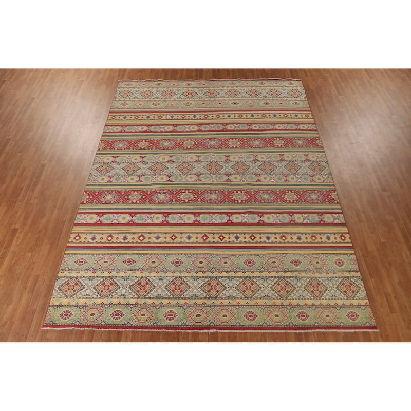 Striped Kazak Oriental Area Rug Hand-Knotted Wool Carpet - 9'10"x 13'2"
