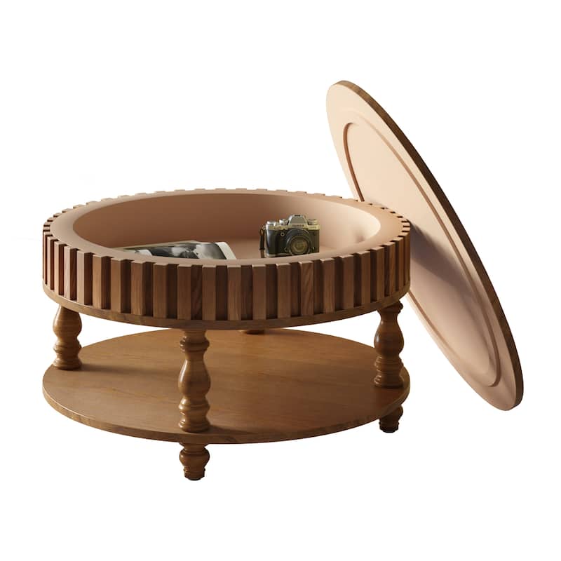 Fluted Coffee Table End Table Side Table with Storage, Rustic Center Table Sofa Table with Flip-Top Lids