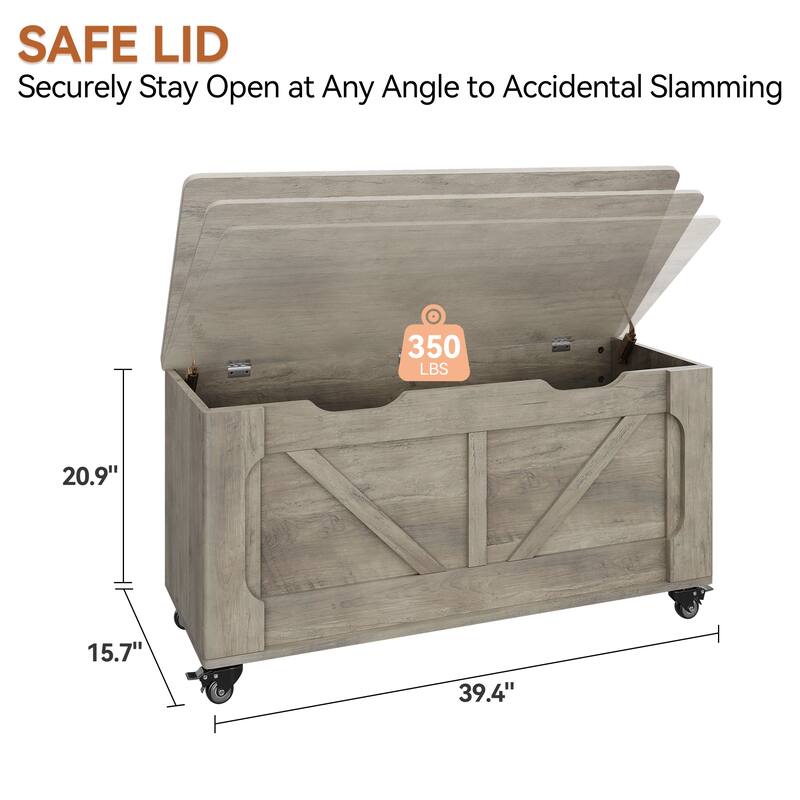 39.4'' Wooden Storage Bench With 2 Safety Hinges，Storage Trunk With 4 Wheels