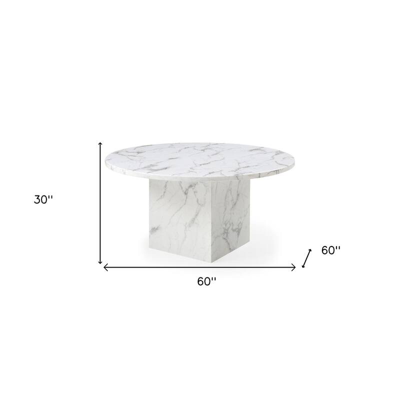 HomeRoots 60" Gray and White Marble Pedestal Base Round Top Dining Table - 60.00 in. x 30.00 in. x 60.00 in.