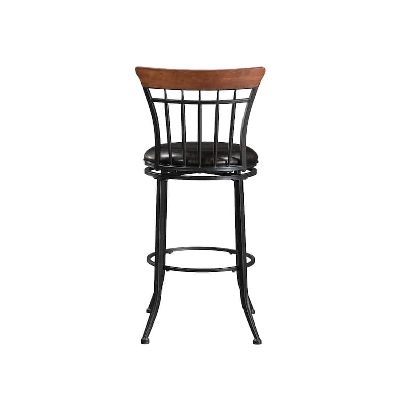 Nira Swivel Bar Height Chair, Brown Faux Leather, Wood Back, Black Metal