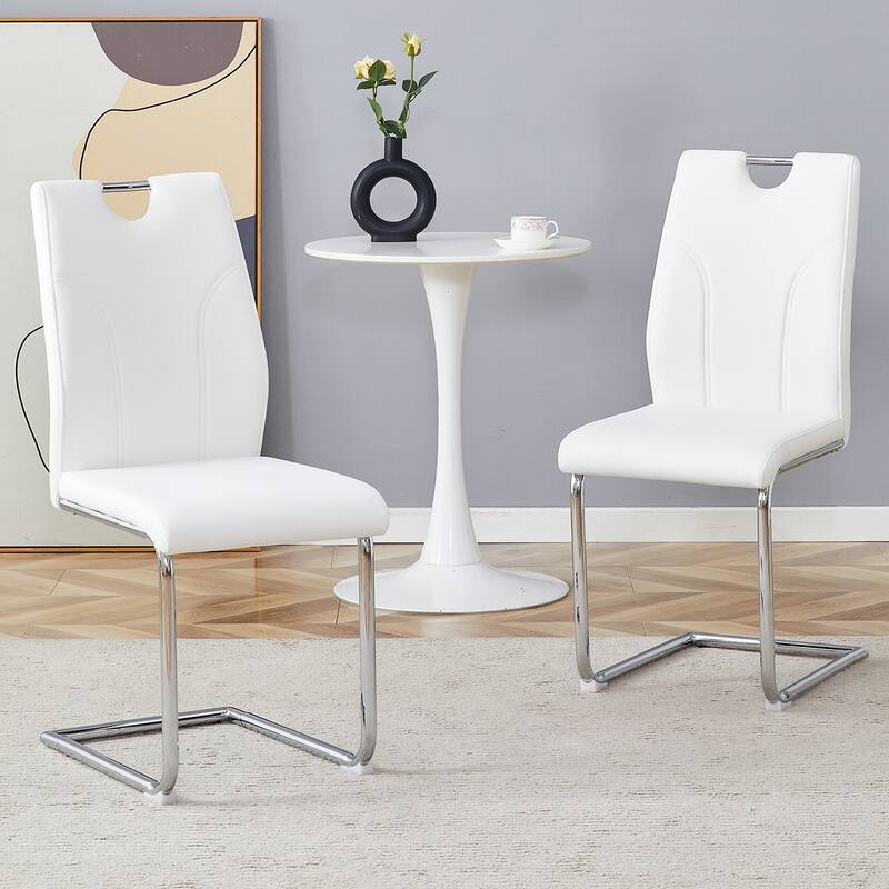 Modern 2 Piece PU Kitchen Dining Chairs with Cushions, Silver Metal Legs, Backrest for Dining Room Kitchen Living Room Bedroom - White