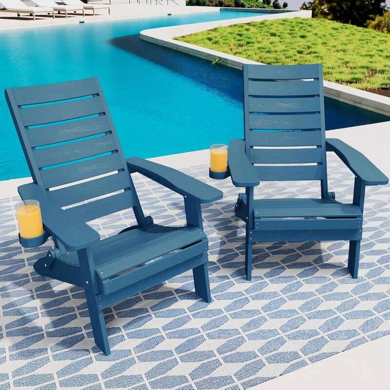 WINSOON HIPS Folding Adirondack Chairs with Arc Back & Cup Holder Set Of 2 - Navy
