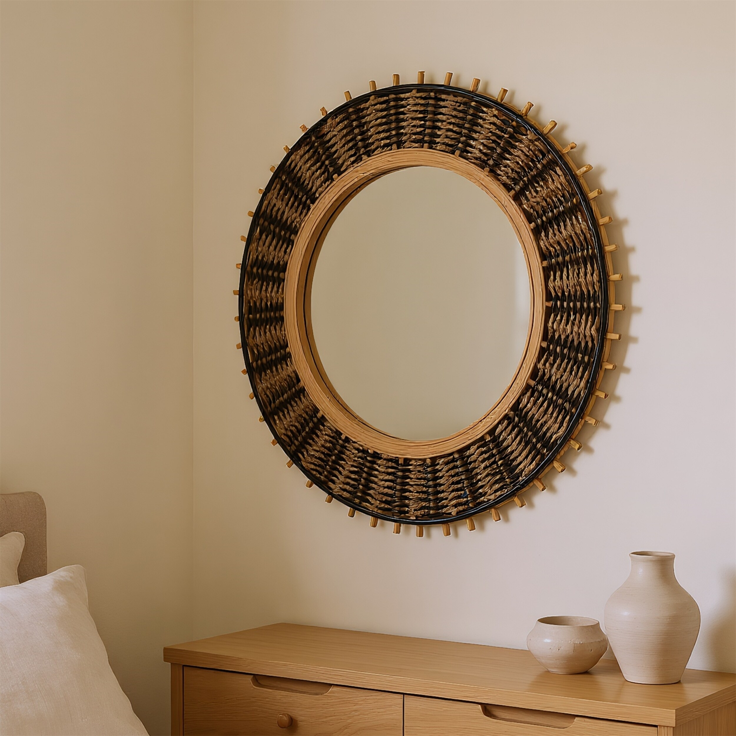 23 inch Bamboo Round Mirror, Wrapped Hemp Rope Artisan Wall Decor