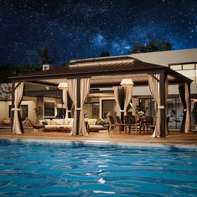 Outdoor Galvanized Steel Hardtop Patio Pergola with Aluminum Frame, Featuring Premium Curtains and Netting
