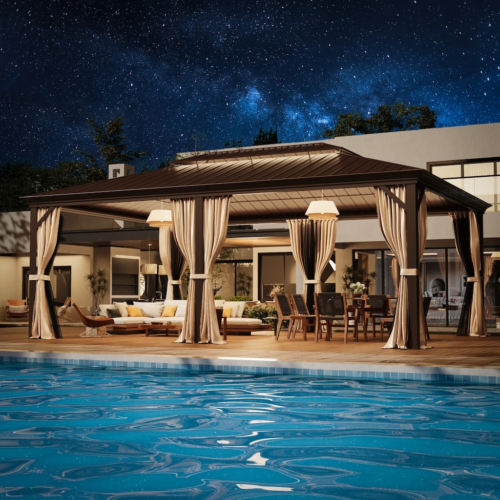 Outdoor Galvanized Steel Hardtop Patio Pergola with Aluminum Frame, Featuring Premium Curtains and Netting