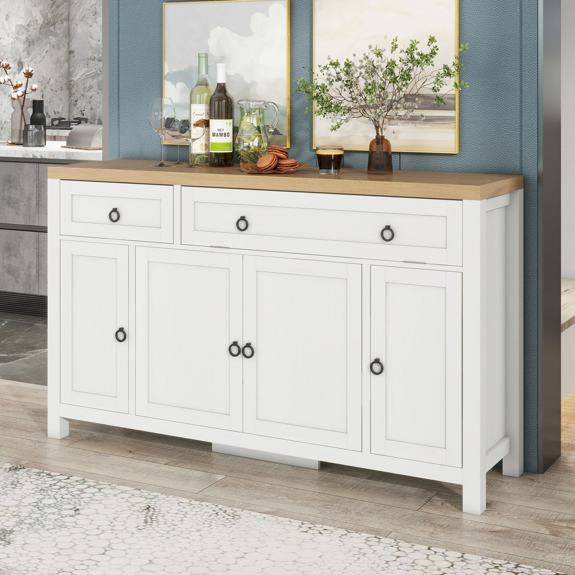 Sideboard Buffet Table with Storage Drawer Farmhouse Flip Door Sideboard Storage Cabinet with 4 Height Adjustable Cabinets