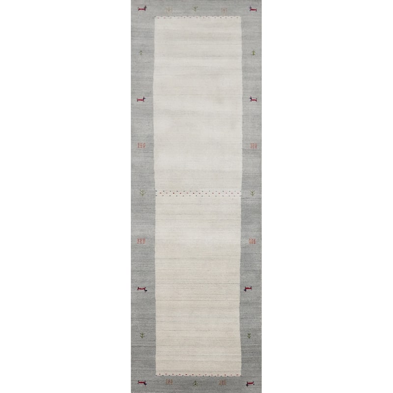 Hand Knotted Oriental 100% Wool Carpet Tribal Animal Pictorial Beige & Ivories Gabbeh Runner Rug - 9' 11'' X 2' 8''