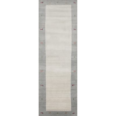 Hand Knotted Oriental 100% Wool Carpet Tribal Animal Pictorial Beige & Ivories Gabbeh Runner Rug - 9' 11'' X 2' 8''