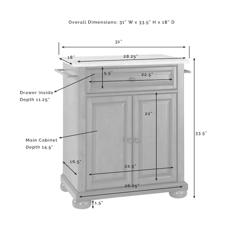 Crosley Alexandria Wood Top Portable Kitchen Island in White Finish - 18"d x 31"w x 33.5"h