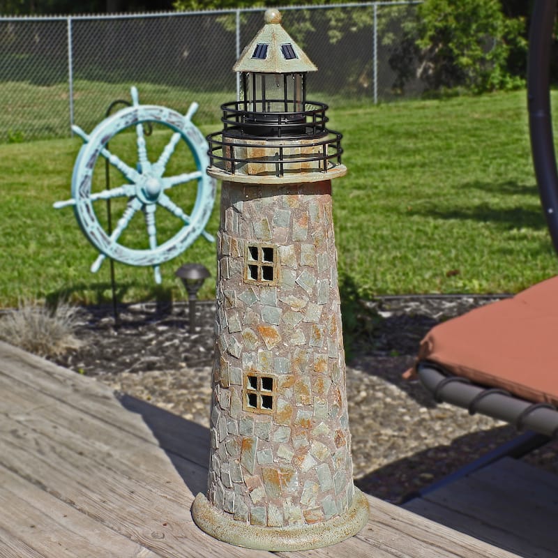 Sunnydaze Cobblestone Solar LED Lighthouse - 35" H
