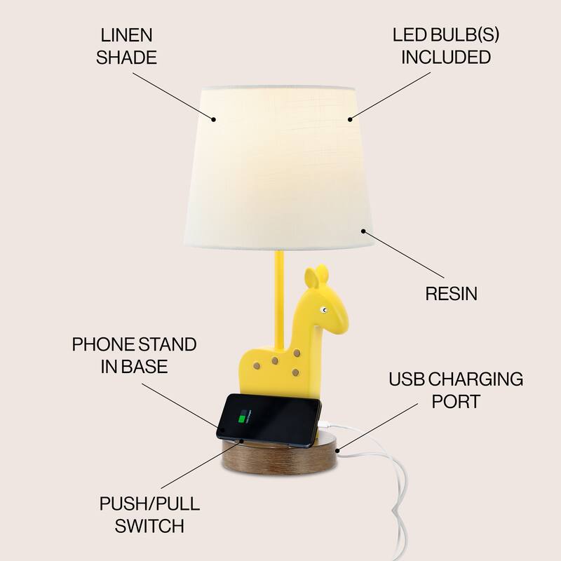 Ellie 17.5" Mid-Century Iron/Resin Giraffe LED Kids' Table Lamp with Phone Stand and USB Charging Port, Yellow by JONATHAN Y