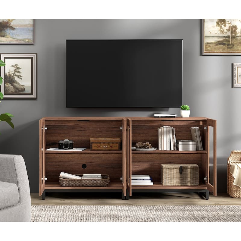 WAMPAT Modern TV Stand with Glass Doors for 110 inch TVs, Entertainment Center Console with Adjustable Shelves and Metal Base